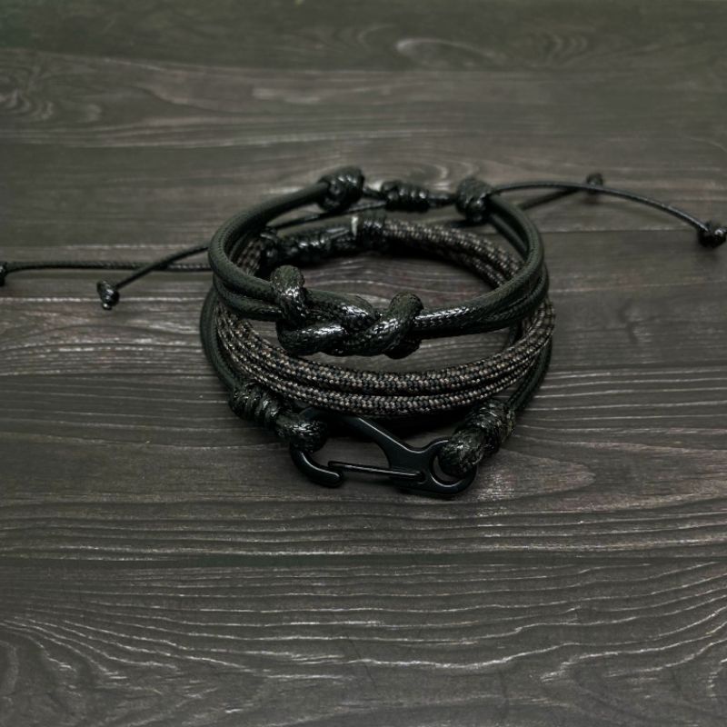 Gelang Pria Satu Set Tali Kulit Paracord Warna Hitam Waterproof Model Kaitan Besi