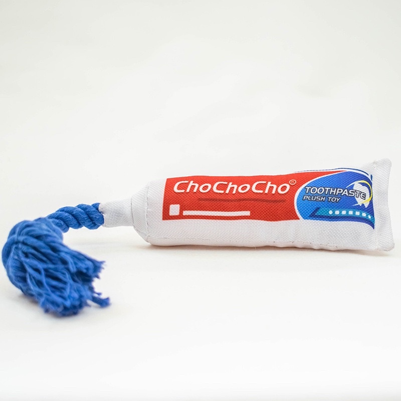 Chocho dog toothpaste squeaky toy with rope