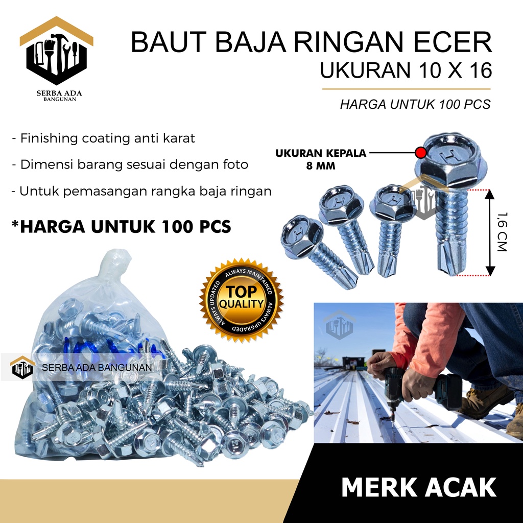 Baut baja ringan l baut Skrup Baja Ringan 10x16 10x19 Harga Termurah- 100pcs