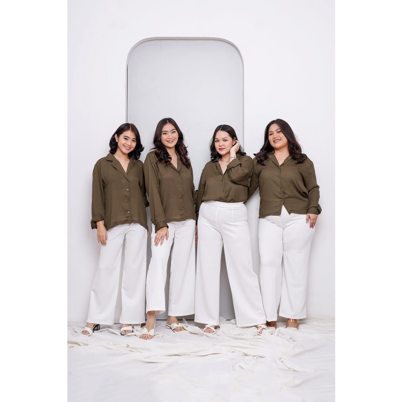Basic Crinkle Shirt Atasan Kemeja Wanita-OLIVE