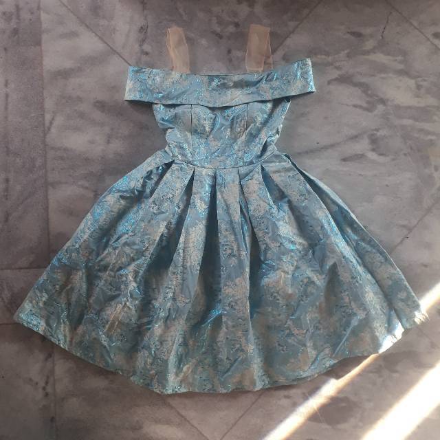 Blue Off Shoulder Mini Dress / Dress Biru Organza Size S