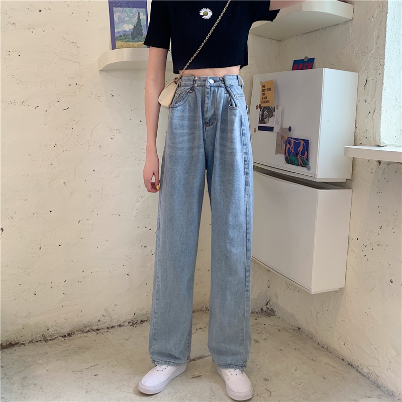 wide-leg jeans untuk wanita high-waist longgar lurus-kaki celana panjang