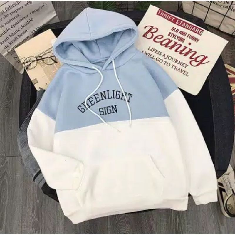 Lyfashionstore Sweater Hoodie Wanita Kantung Kombinasi GREENLIGHT SIGN-Biru-Putih