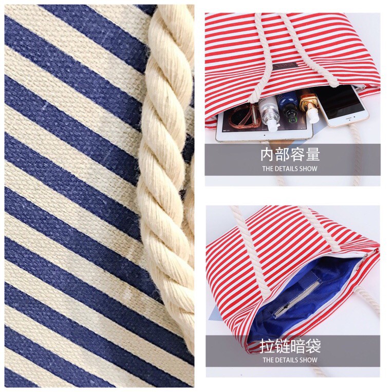 Totebag import salur stripe tas korea jinjing bahu kanvas tote bag