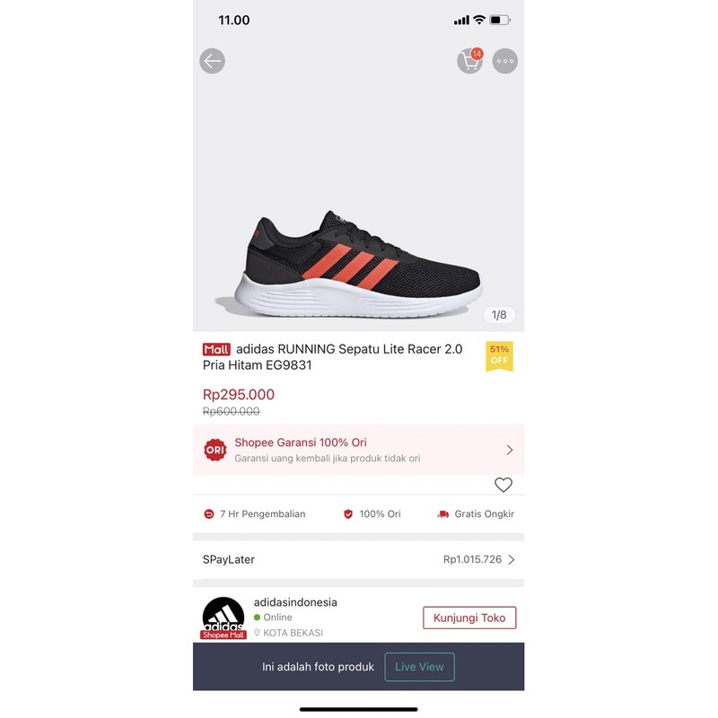 adidas RUNNING Sepatu Lite Racer 2.0 Pria Hitam EG9831 ukuran UK 9 atau 43 1/3