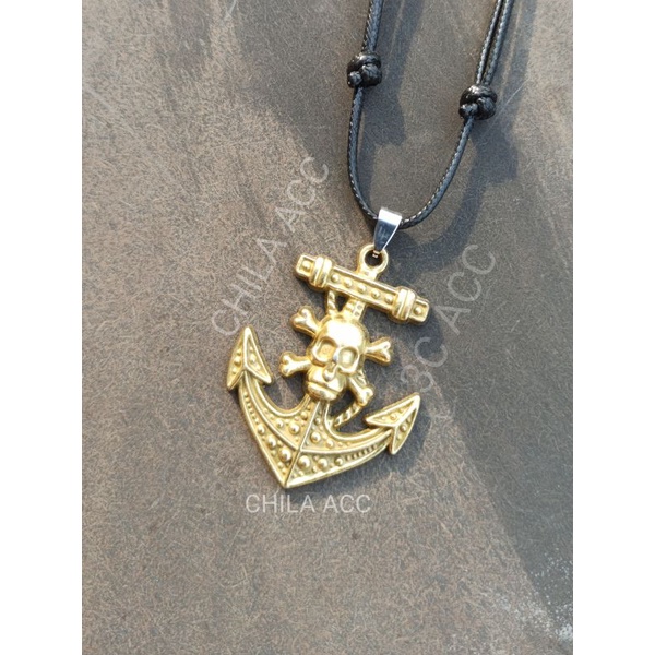 Kalung Tali Liontin Jangkar MARINE Tengkorak METAL GAUL Fashion pria Wanita Gold Silver Black