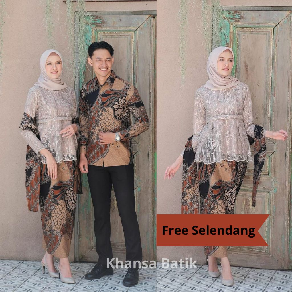 KHANSABATIK [JUMBO READY] SET KEBAYA BATIK COUPLE HANAYA BROWN KEBAYA MODERN TUNANGAN LAMARAN WISUDA BAJU KONDANGAN KEBAYA BROKAT FULL FURING VELVET MUTIARA TERBARU 2022 FREE SELENDANG MIX MUTIARA MODE BATIK MODERN KEKINIAN FASHION MUSLIM WANITA DEWASA