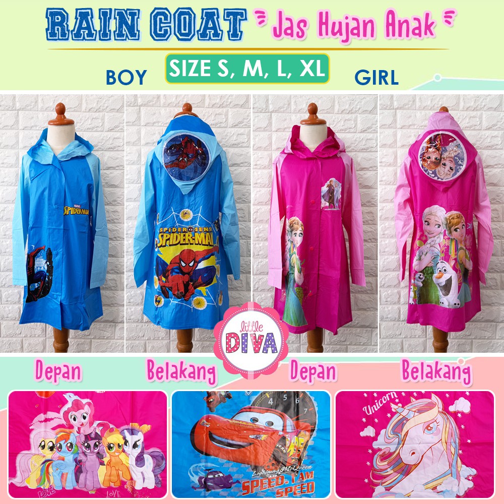 Boy Girl JAS HUJAN Impor Anak Cowok cewek Import Rain Coat motif frozen pony car spiderman unicorn KIDO