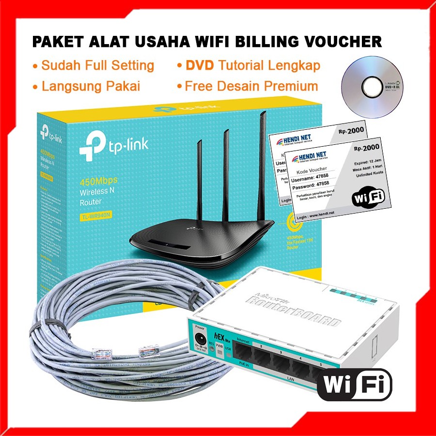 Paket Alat Usaha wifi Full Setting saip pakai Mikrotik RB750r2 + TP Link Wr940N