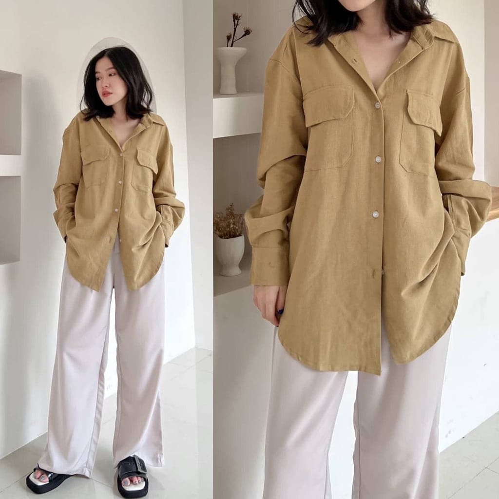 Kemeja Oversize Linen Pocket Outer Wanita - Lengan Panjang/Atasan Wanita Oversize/Kemeja Wanita korea Polos-Latte