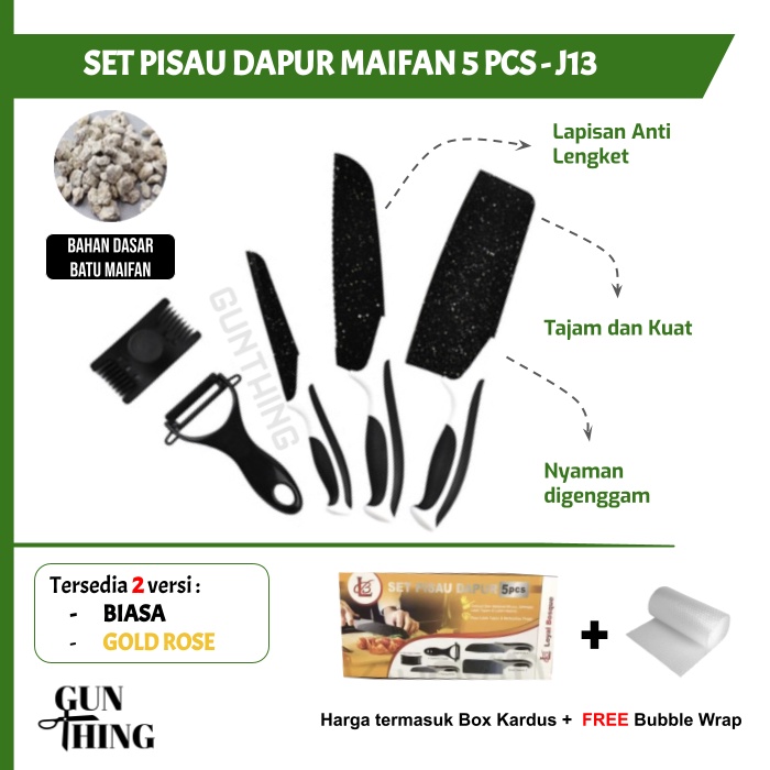 Set Pisau Dapur Hitam 5pcs (Pisau + Peeler) - Batu Maifan- Alat Dapur Kesehatan, Pisau Murah - Pisau J13