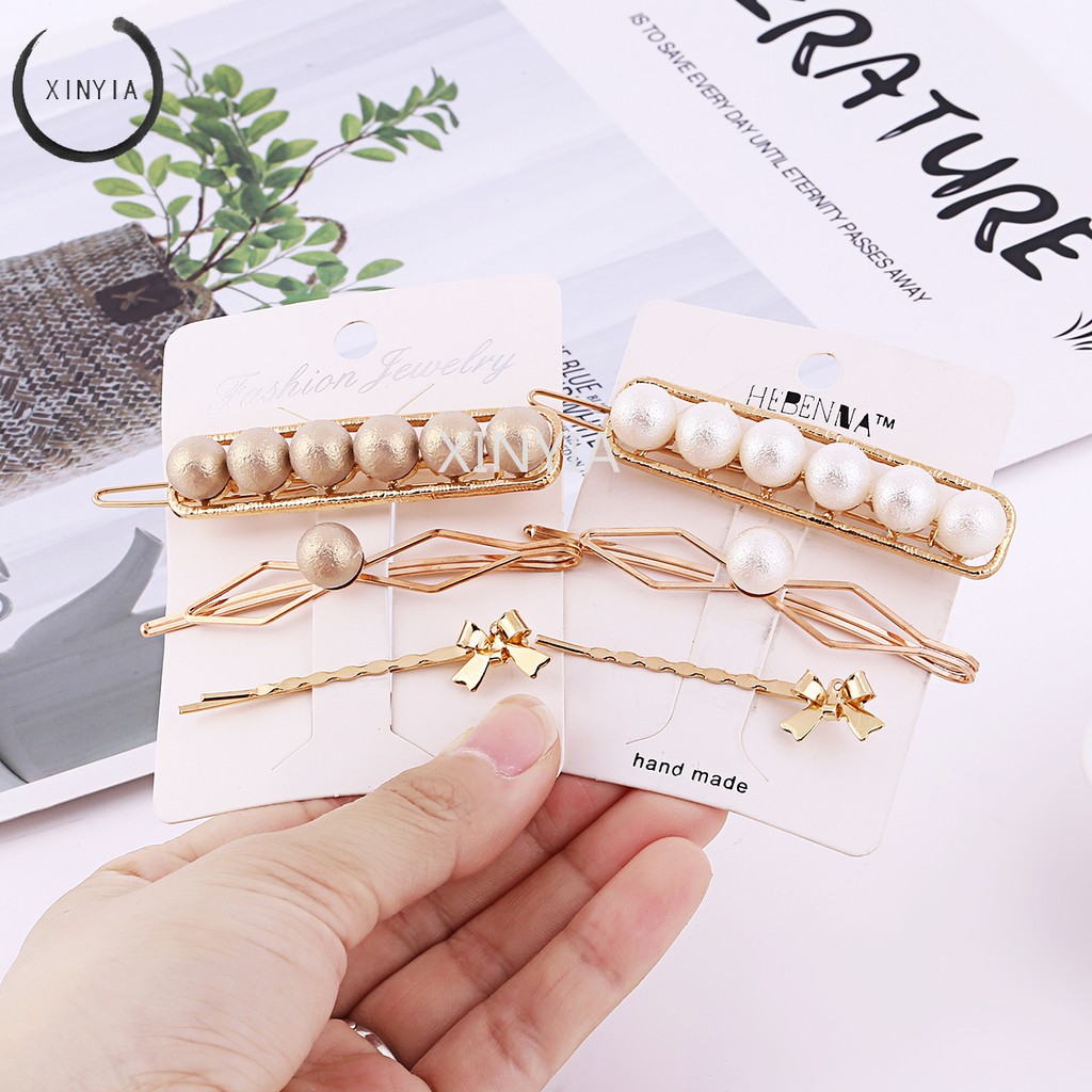 4Pcs / Set Klip Penjepit Rambut dengan Bahan Logam dan Mutiara Bergaya Korea