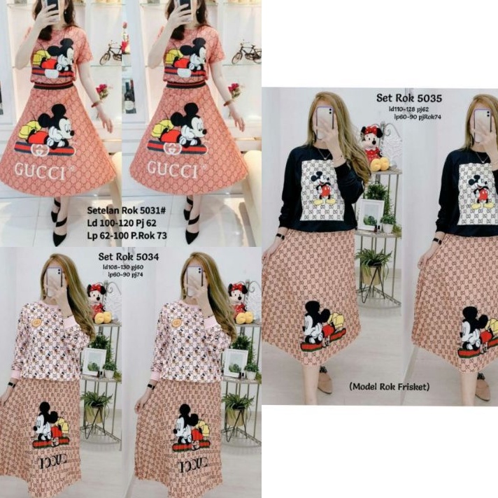 set Setelan import set stelan rok gucci minnie mickey mouse impor premium stelan rok atasan gucci