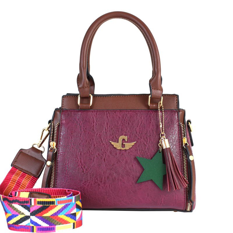 tas tangan merah marun bata kulit tebal resleting tiga ruang selempang