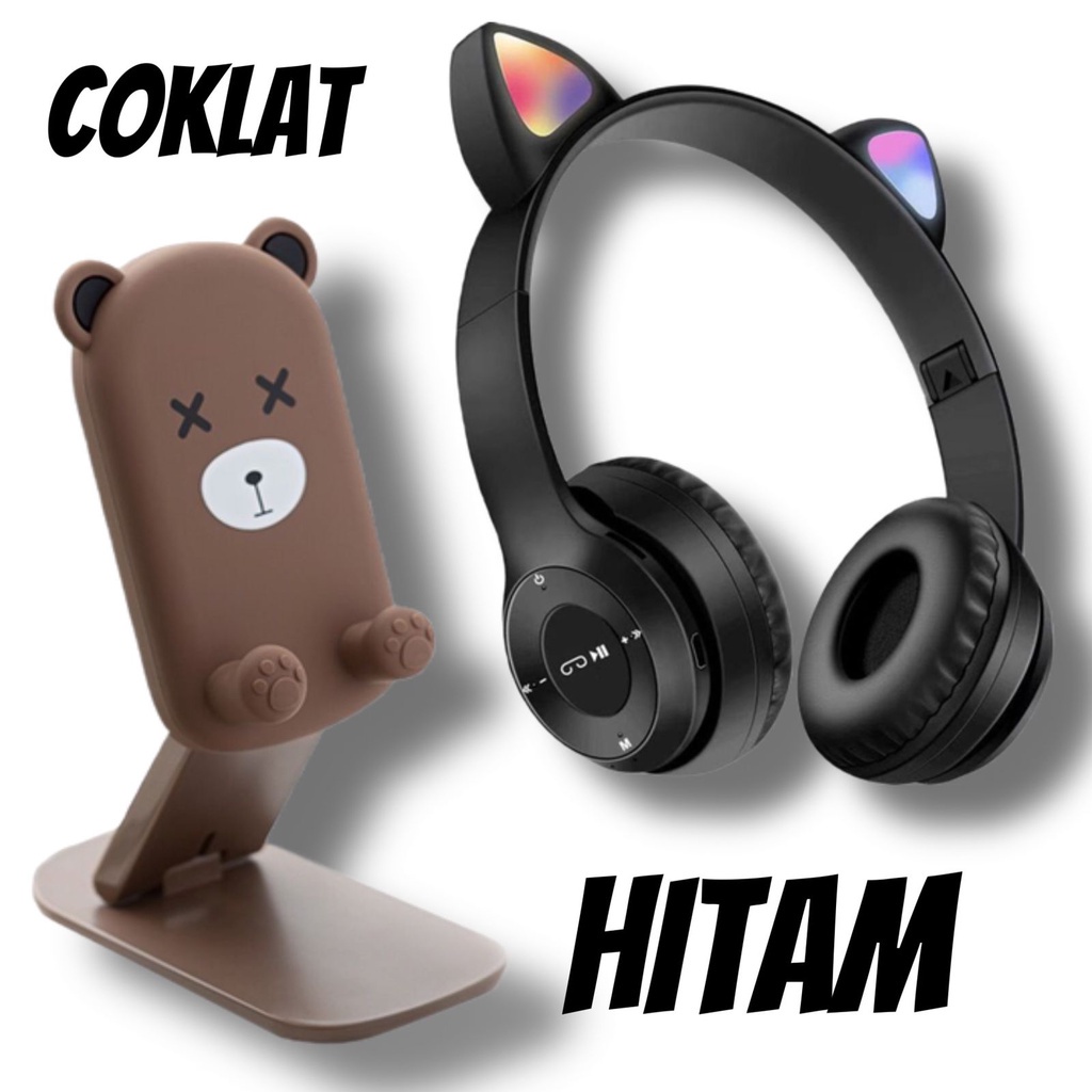 Silvertech Paket Belajar Online Headphone Bluetooth dan Holder Meja Imut Headphone Kucing dan Holder Meja Karakter