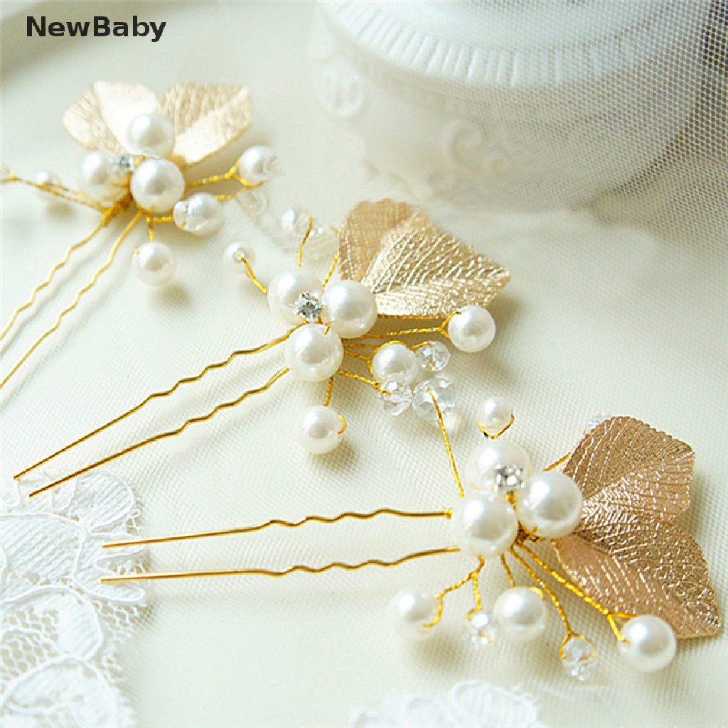 Newbaby 4PCs Jepit Rambut Bentuk Daun Emas Hiasan Mutiara Untuk Pengantin Wanita