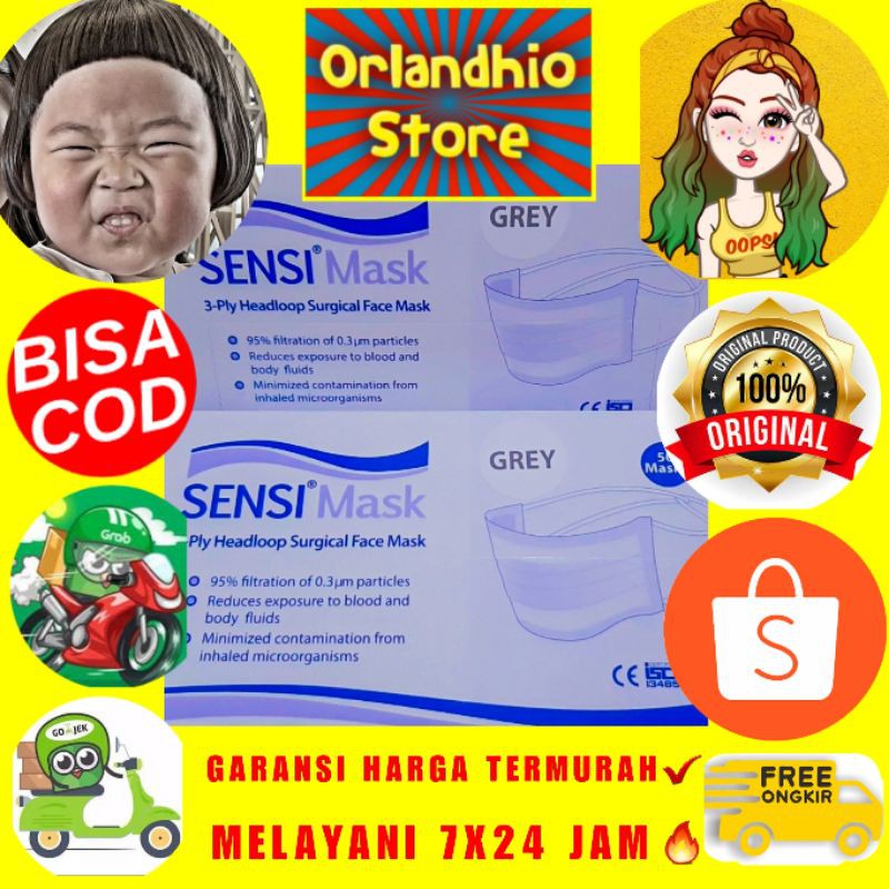 Masker Sensi 3ply Headloop 1 box isi 50pcs warna Abu-Abu expired 2025