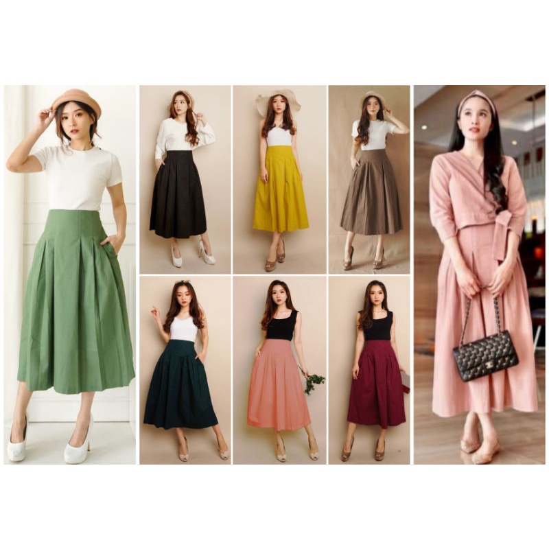 ❣ SPECIAL PRICE ♡ PREMIUM ♡ ORIGINAL ! SKIRT MYLIE VINTAGE PLAIN FLARE THICK MIDI / ROK POLOS SAJA