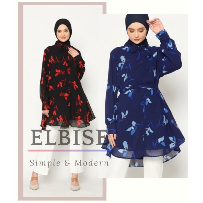 Elbise Aleyya Tunik Ceruty Premium Super Lembut Flowy Desain Pita Leher Tali Pinggang Lepas Motif Da