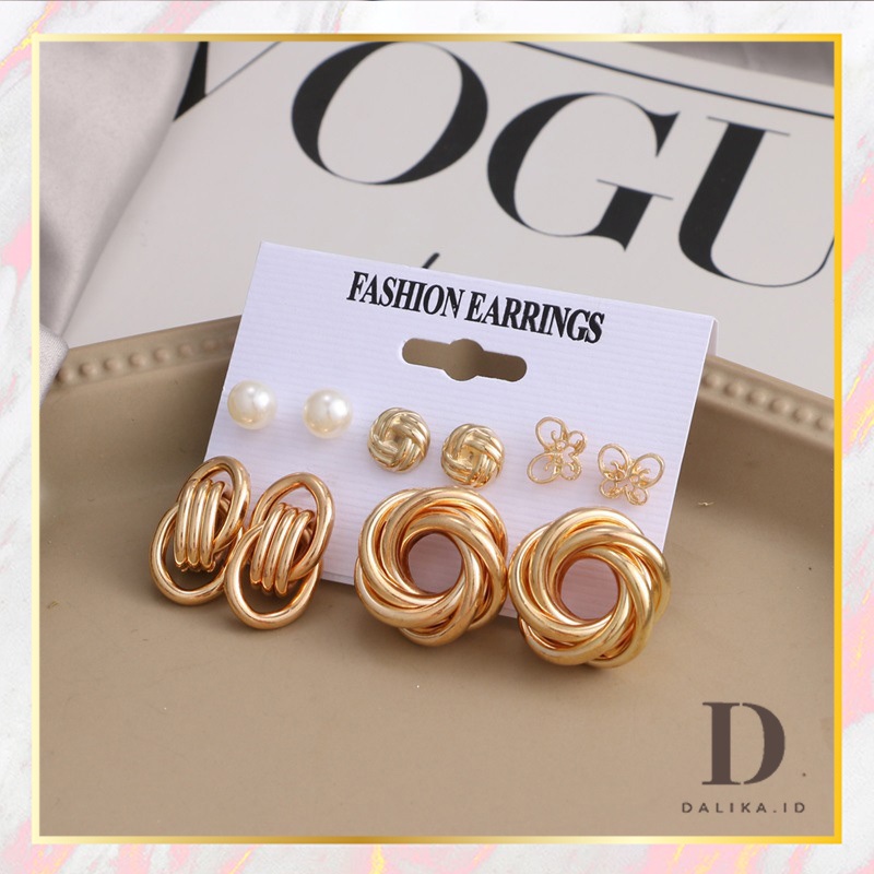 Anting Set Tusuk 5 Pasang Bulat Tebal Model Vintage Dalika