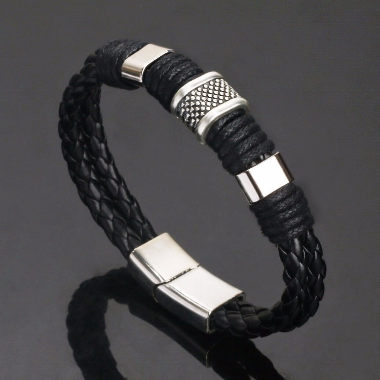 Fashion Jewelry Punk 2 Color Zinc Alloy Accessories Weave Genuine Leather Men Bracelet Male Bangles