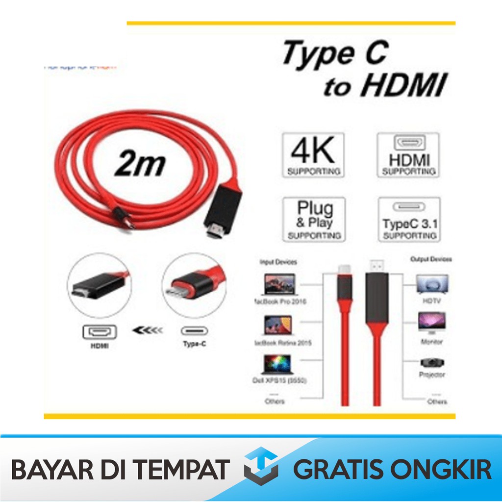 KABEL CONVERTER TYPE C TO HDMI ADAPTOR HDMI KE TIPE C HDTV HP KE TV 2M