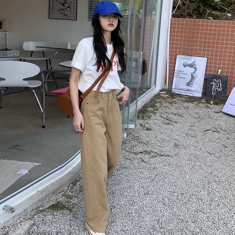 [chaoo.id]Celana kargo berkaki lebar model pinggang tinggi lurus longgar cocok untuk semua celana jens wanita/Korean style straight leg loose khaki jeans