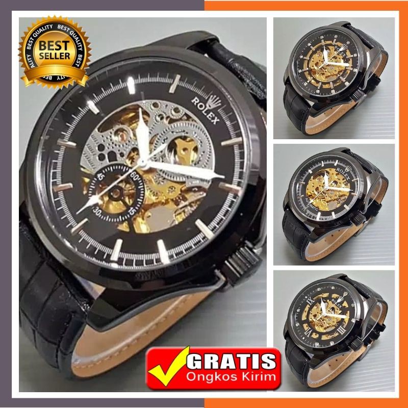 JAM TANGAN PRIA ROLEX ORIGINAL KULIT AUTOMATIC SKELETON BIG SIZE BLACK ANALOG COWOK ADA 4 WARNA