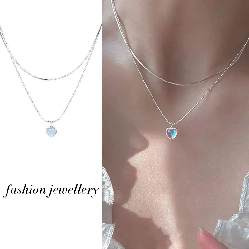AY(CN) Kalung Rantai Klavikula Liontin Hati Ganda Batu Bulan Warna Silver Gaya Korea Untuk Wanita