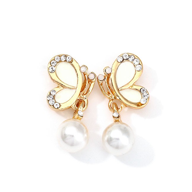 LRC Anting Tusuk Fashion Gold Butterfly Pearl Earrings F75538