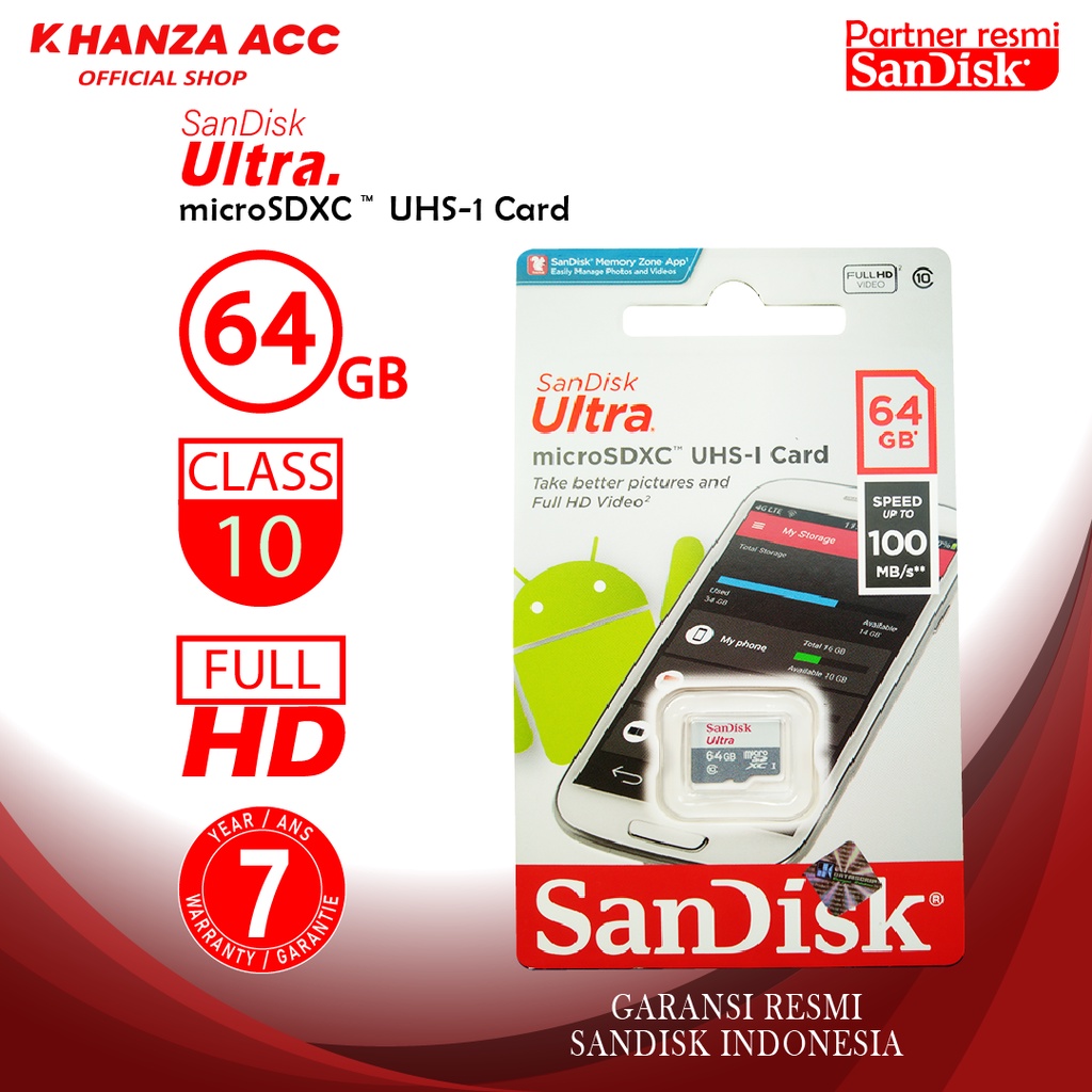 KHANZAACC Memory Card MicroSD Sandisk Ultra 64GB Speed 100 Micro SD Memori Hp