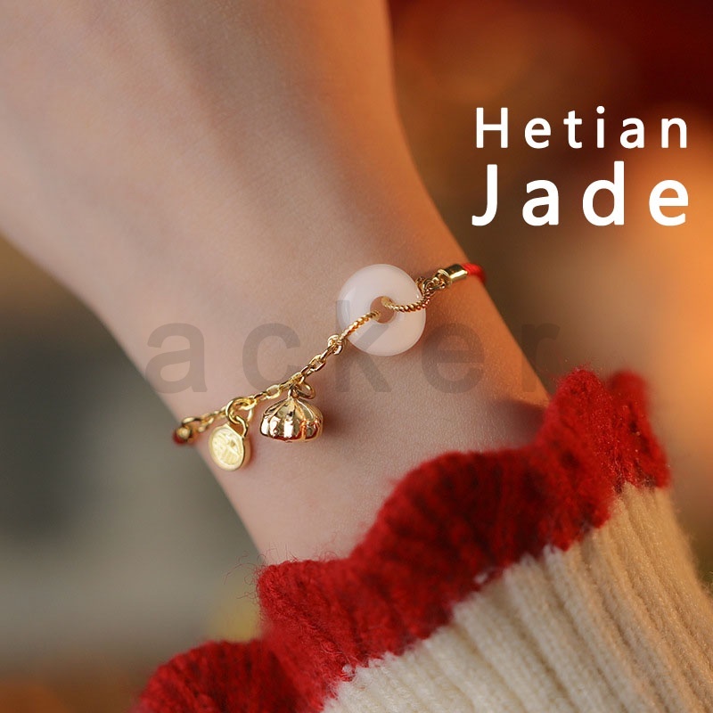 Gelang Giok Hetian Alami Dengan Buckle Lotus Bahan Sterling Silver Untuk Wanita