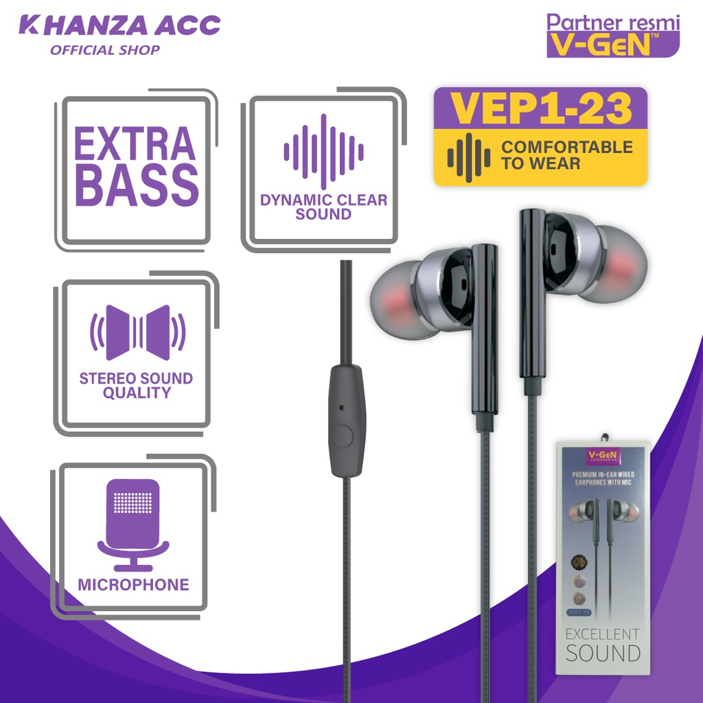 KHANZAACC Earphone VGEN VEP1-23 Premium In-Ear Wired Headset With Mic Excellent Sound Original