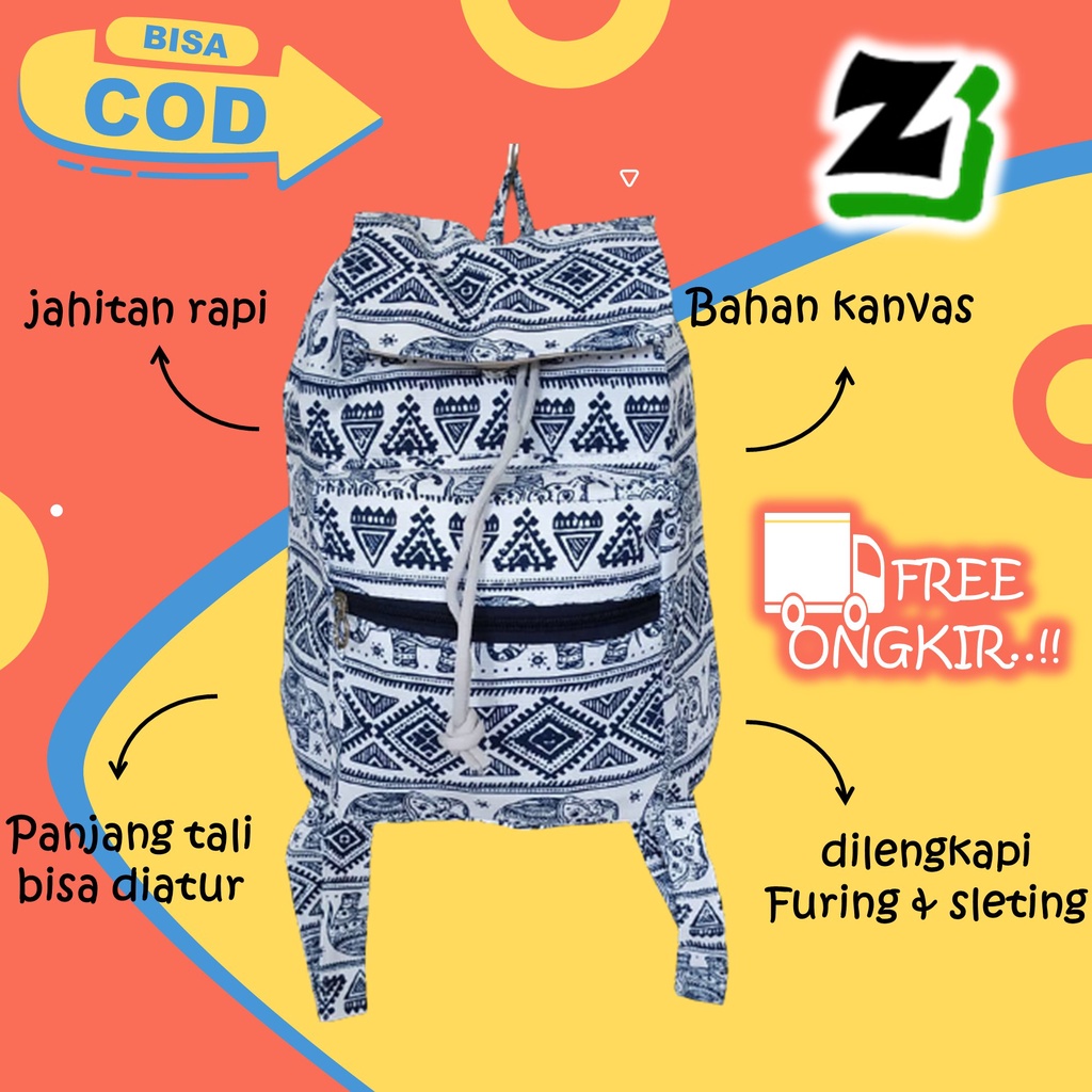 Tas ransel wanita cewek Perempuan Cewe remaja Sekolah kuliah kerja kanvas kekinian serut murah A6-gajah biru