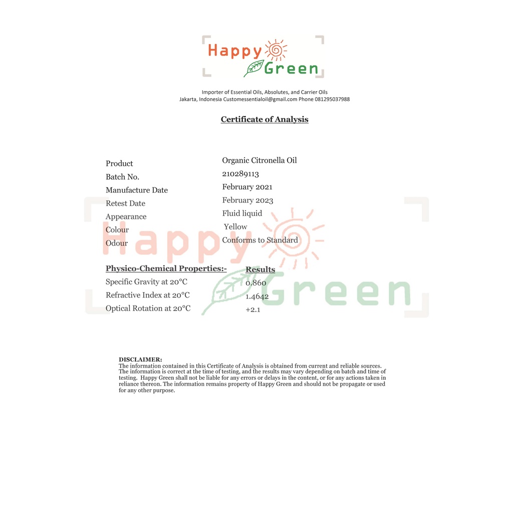 Happy Green ORGANIC Citronella Essential Oil - Minyak Sereh Wangi Organik