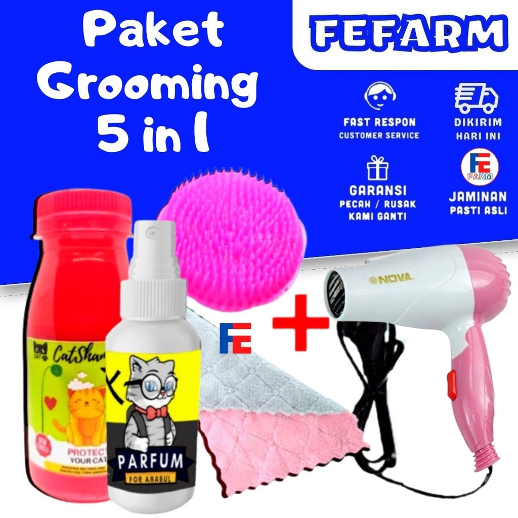 Paket Grooming Kucing Hemat Hairdryer+Shampoo+Parfume+Handuk+Sikat+Pouch Paket Hemat Bergaransi FEFARM