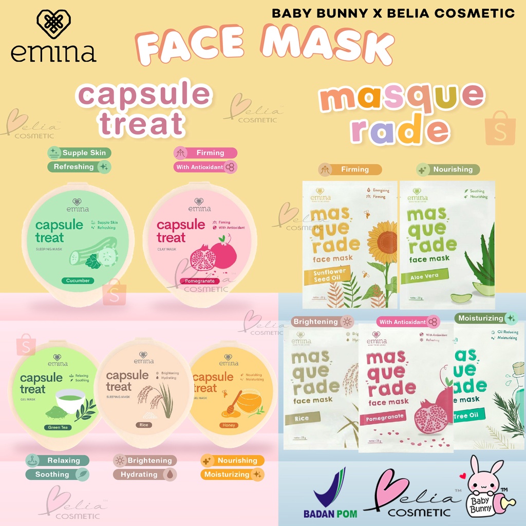 ❤ BELIA ❤ EMINA Masquerade Face Sheet Mask 23g &amp; Capsule Treat Mask | Masker Capsul | Masker lembaran wajah