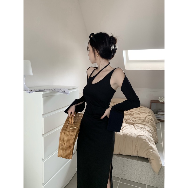 Suhao French suspender dress wanita musim panas high-end gaun hitam kecil desain rasa pinggang tempe