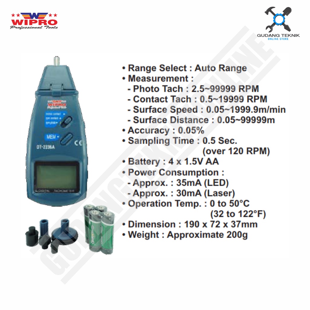 Tachometer Digital Laser WIPRO DT2236A / Alat Ukur Kecepatan Putaran RPM Rotasi Tacho Meter DT 2236A DT-22364A WIPRO