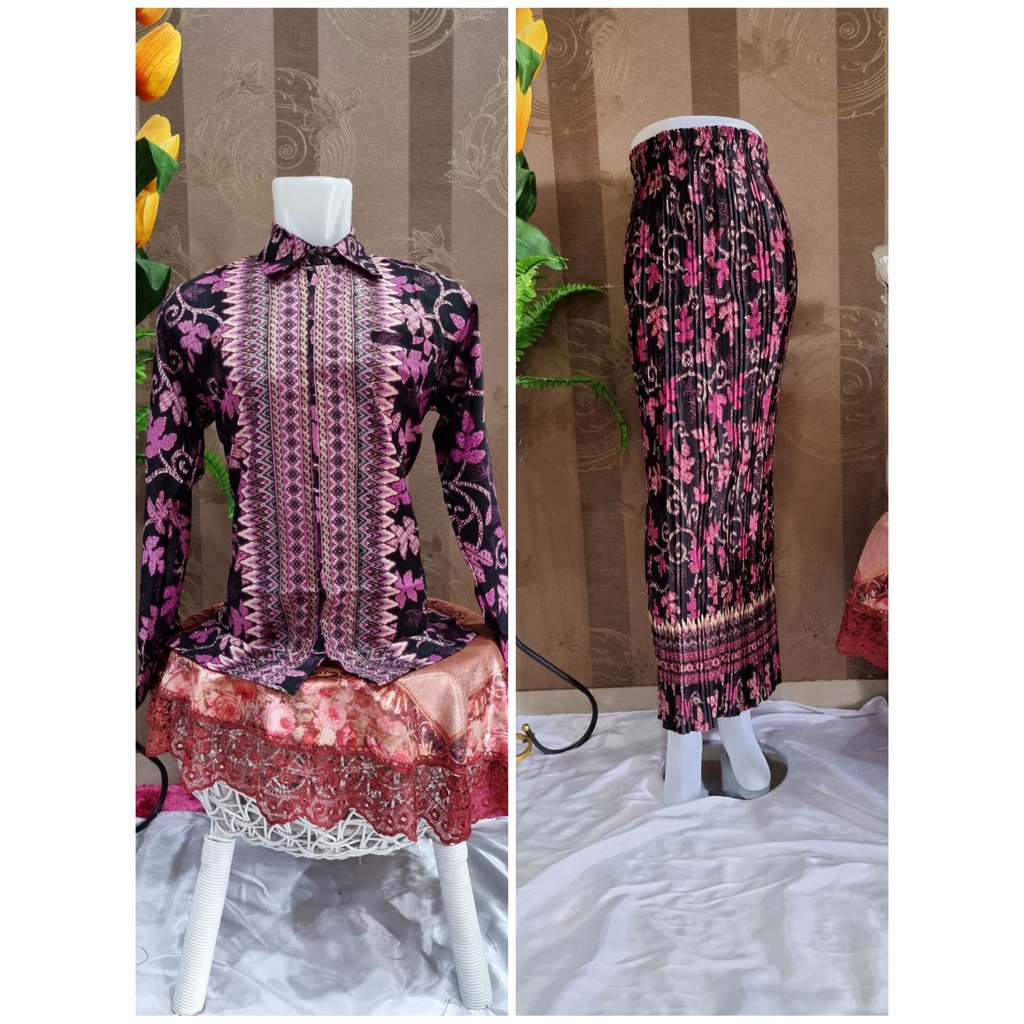 Kemeja Couple Batik Lengan Panjang dan Rok Plisket | Sale Kemeja Premium | Kemeja Semi Sutra | Couple Rpk Plisket dan Kemeja HEM Batik dan Rok Plisket Batik Maxi JUMBO