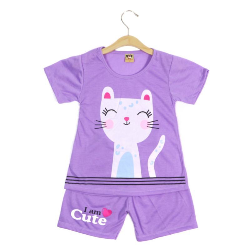 SETELAN FASHION BAJU ANAK PEREMPUAN SIKUNING CELANA PENDEK MOTIF CUTE MEOW BAHAN KAOS GAMBAR SABLON