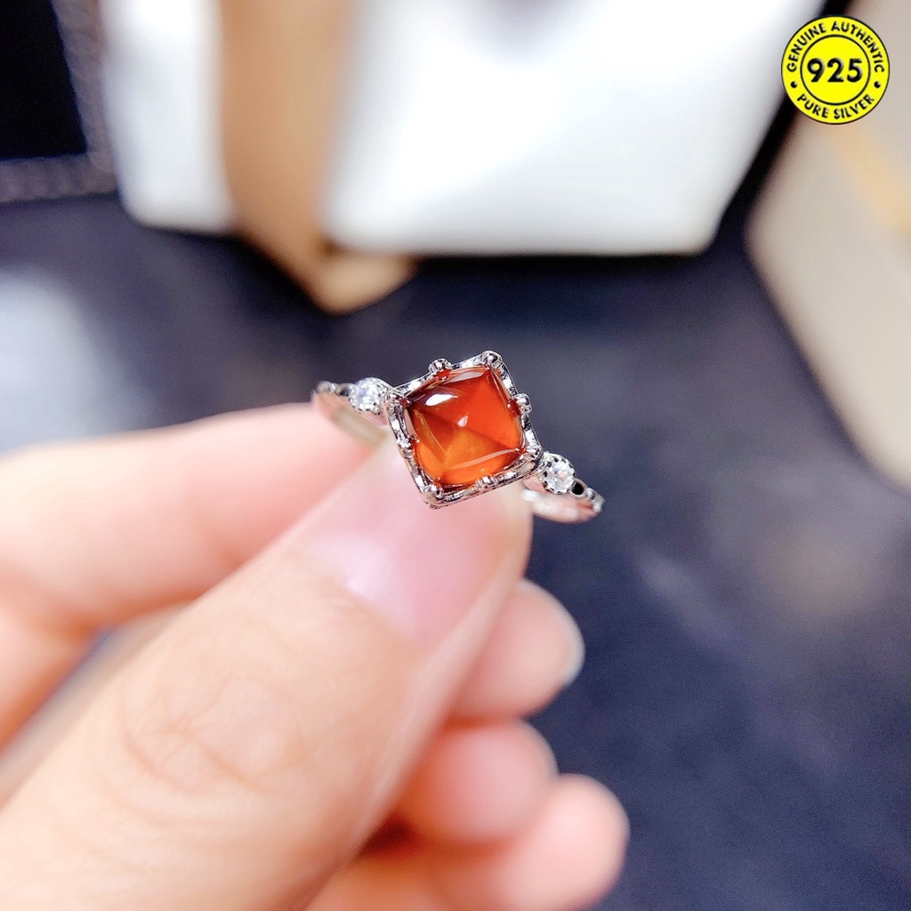 Cincin Model Terbuka Desain Batu Permata Garnet Alami Warna Oranye Kuning Untuk Wanita