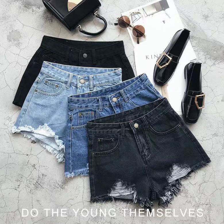 【Promo】Blue celana jeans pendek wanita hot pants jeans ripped kakinian dewasa high waist hitam santai cewek