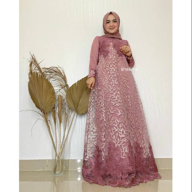 Gamis pesta / gamis brokat tule mewah / gamis brokat / baku pesta brokat