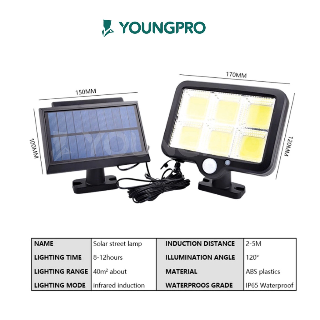 YOUNGPRO YSF-120 - Lampu Solar 120 Mata LED 3 Mode Cahaya + Panel Surya Lampu Sensor Gerak 3 Mode