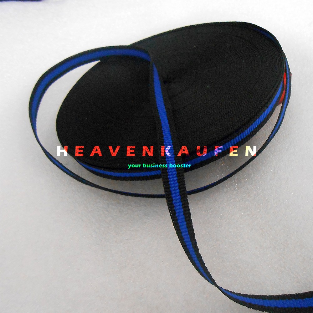 Tali Lanyard Lebar 1 cm Warna Hitam Strip Tengah Biru Meteran