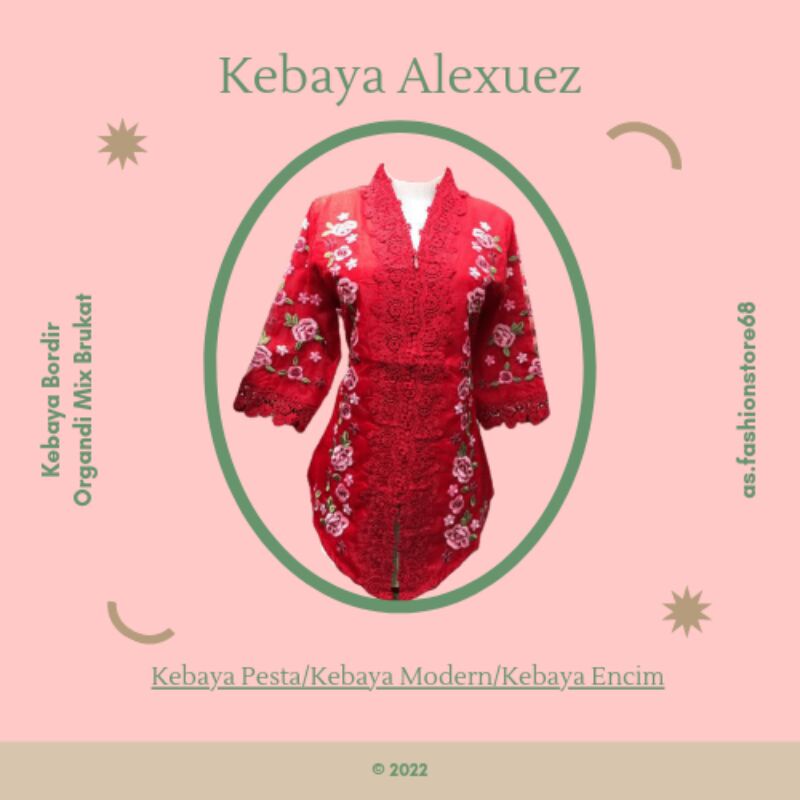 Kebaya Alexuez Kebaya Wanita Kebaya Bordir Organdi Kombinasi Brukat Merah Motif Bunga-bunga Size M t