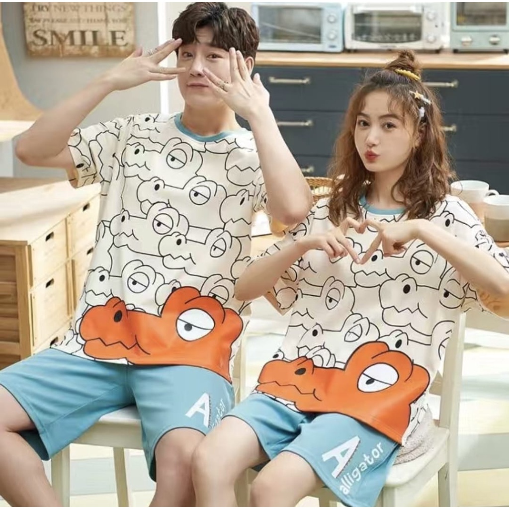 Baju tidur piyama couple bahan kaos import lengan pendek celana pendek