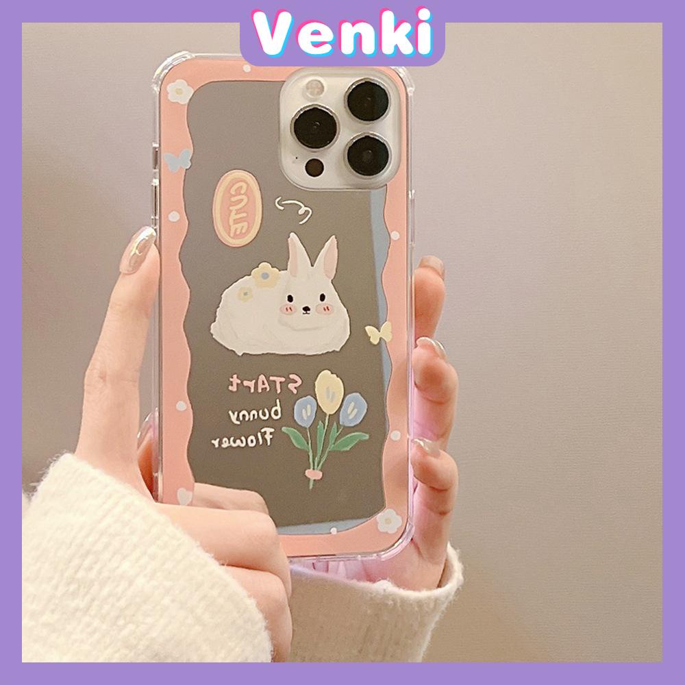 iPhone Case Acrylic Mirror Airbag Shockproof Protection Camera Cute Pink Rabbit Flowers Compatible For iPhone 11 iPhone 13 Pro Max iPhone 12 Pro Max iPhone 7 Plus iPhone x xr xs