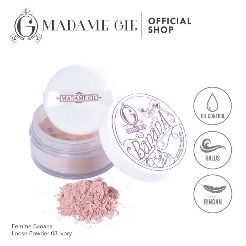 MADAME GIE Femme Banana Loose Powder Indonesia / Primer BB Foundation Lipstick Eyeshadow Blush On Eyeliner Eyebrow Mascara Lipstick Lip Matte Gloss Balm Kutek / Facial Wash Toner Essence Serum Sunscreen Moisturizer Cream Mask Masker Body / Lipill Paket